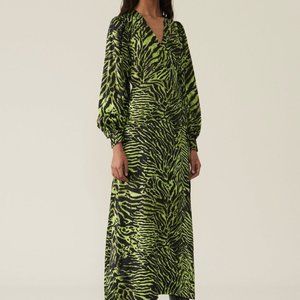 Ganni Green Tiger-print Silk-blend Satin Midi Wrap Dress